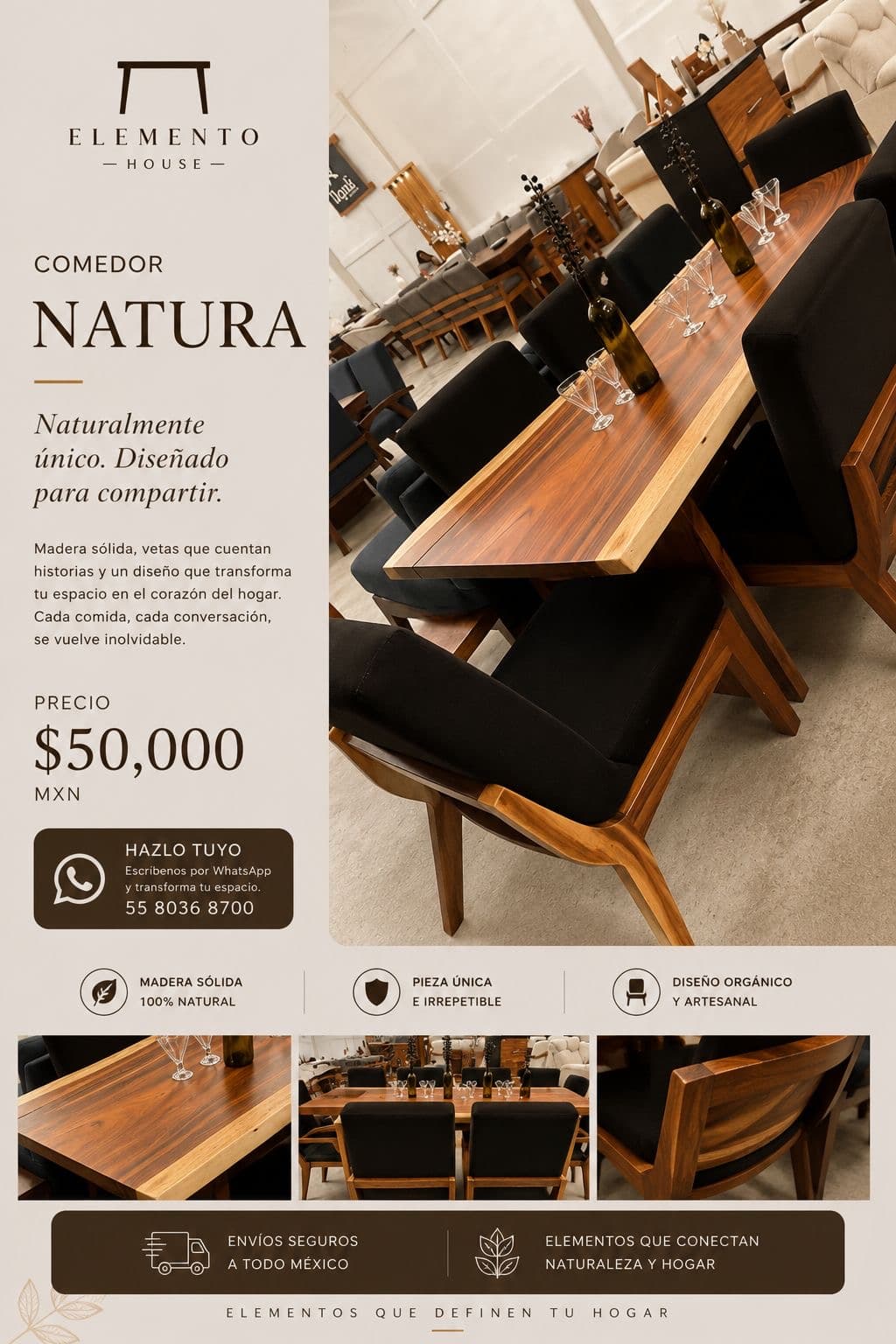 Comedor Natura de madera sólida de parota con sillas tapizadas en negro