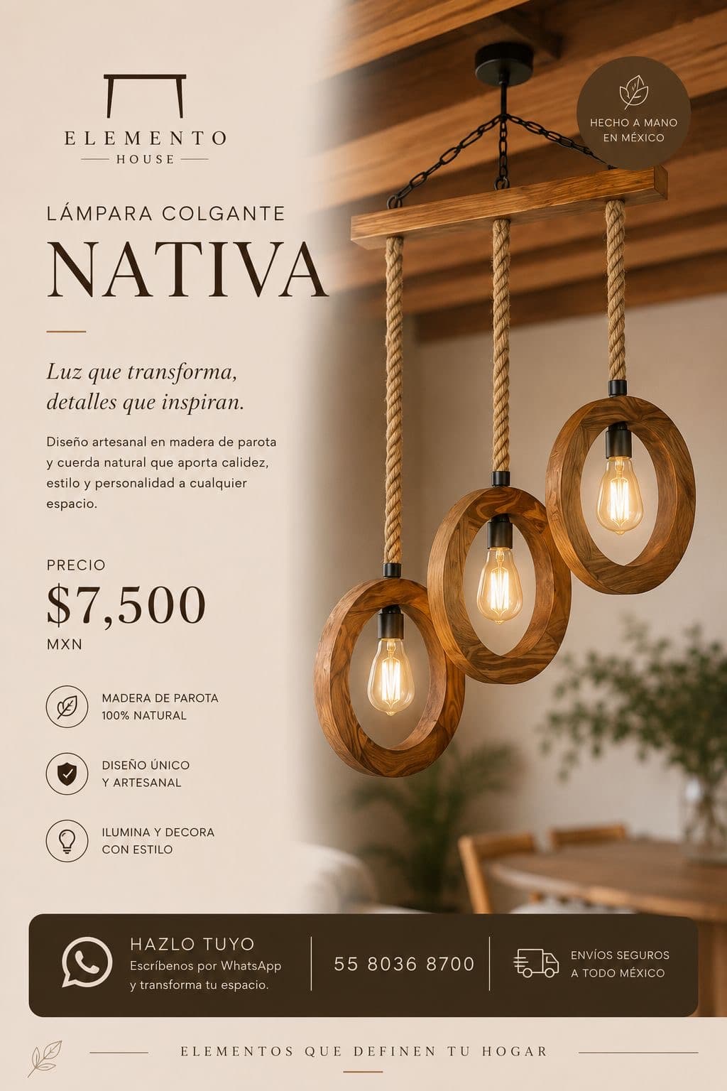 Lámpara colgante Nativa de aros de madera de parota con focos Edison