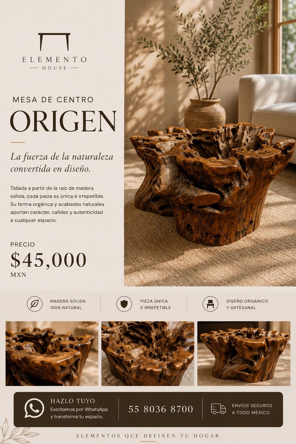 Mesa de centro Origen tallada de raíz de madera sólida