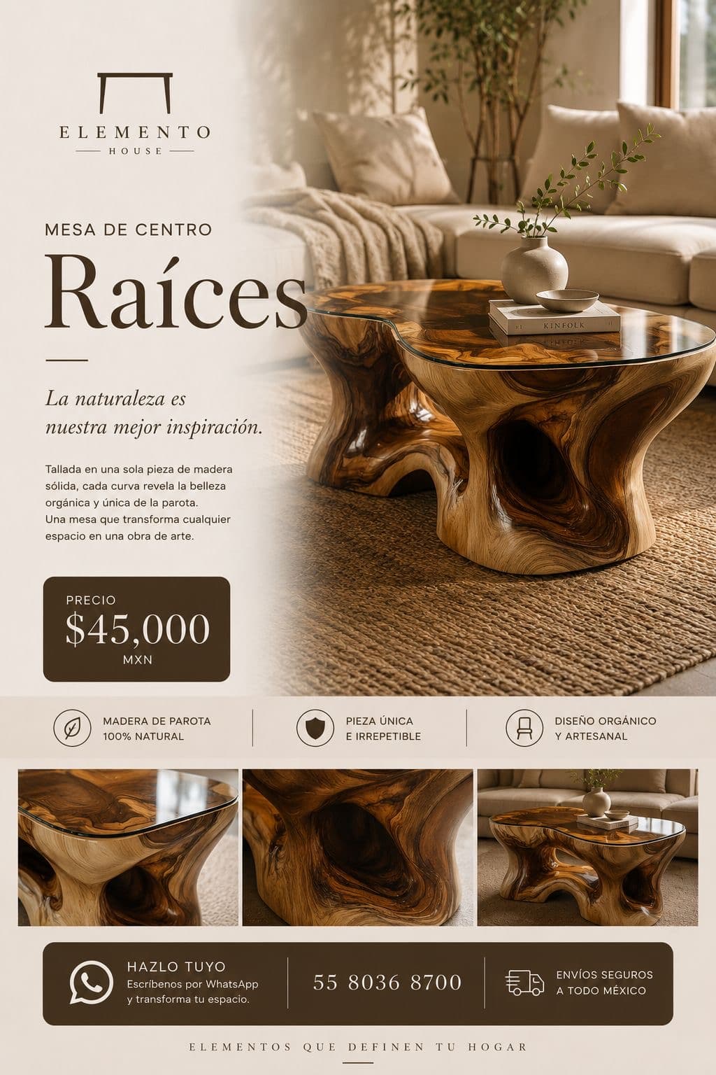 Mesa de centro Raíces de una sola pieza de parota con cubierta de vidrio